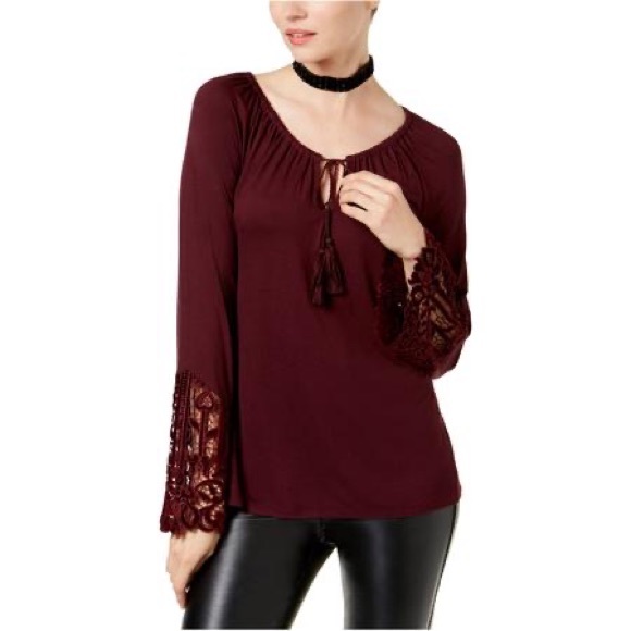 INC International Concepts Tops - INC International Concepts Lace-Trim Peasant Blouse Maroon XS